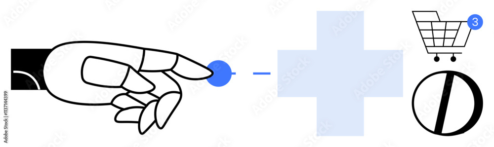 Robotic hand touching a blue digital icon next to a medical cross, a shopping cart with notification, and a loading circle. Ideal for automation, e-commerce, technology, healthcare, online shopping Robotic hand touching a blue digital icon next to a medical cross, a shopping cart with notification, and a loading circle. Ideal for automation, e-commerce, technology, healthcare, online shopping