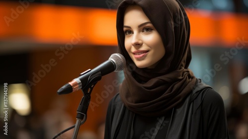 A woman wearing a brown scarf and a microphone is smiling