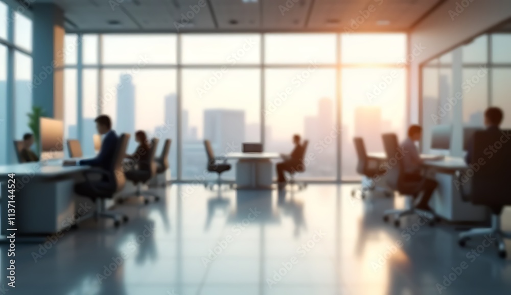 Blurred office background with sleek modern furniture and natural light through panoramic windows
Blurred office background with sleek modern furniture and natural light through panoramic windows