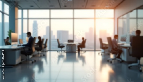 Blurred office background with sleek modern furniture and natural light through panoramic windows

