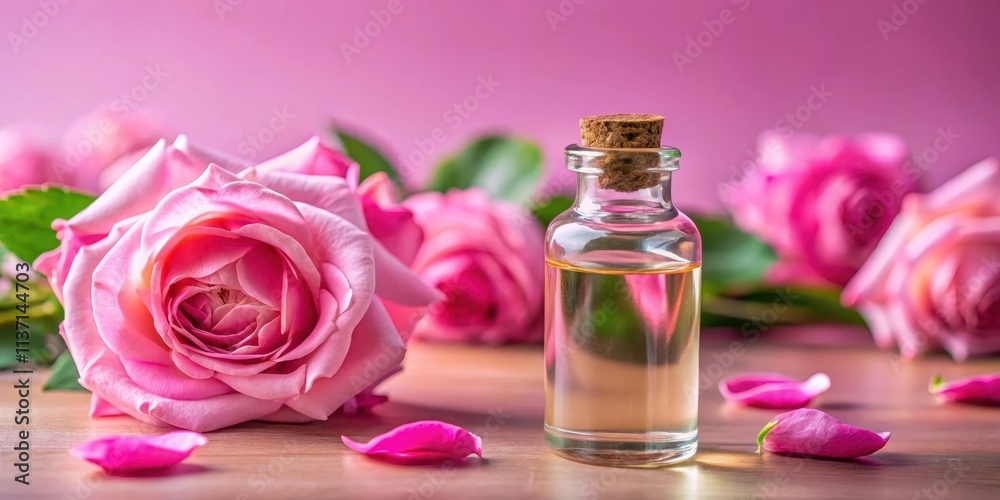 Rose essential oil in a glass bottle on a pink background , luxurious perfume Rose essential oil in a glass bottle on a pink background , luxurious perfume