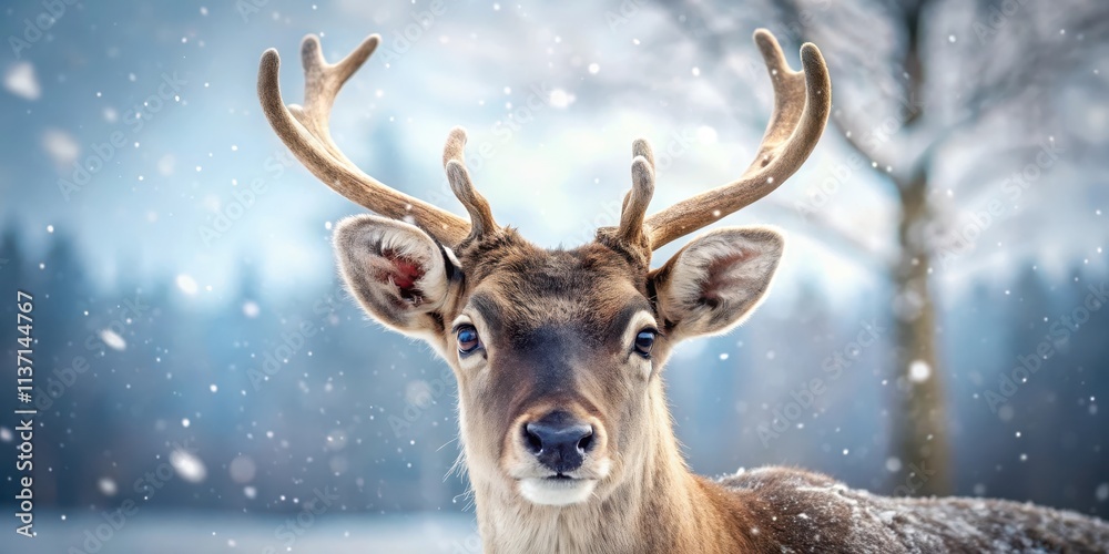 adorable reindeer closeup in soft snowy winter scene, reindeer close-up adorable reindeer closeup in soft snowy winter scene, reindeer close-up