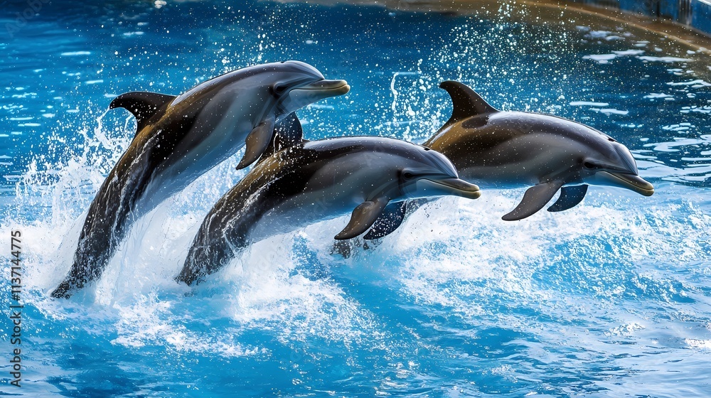 Obraz premium Three dolphins leap from the water in a synchronized jump, creating splashes and showcasing their sleek bodies.