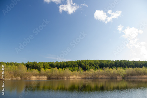 Trees on the lake shore, reflections in the water