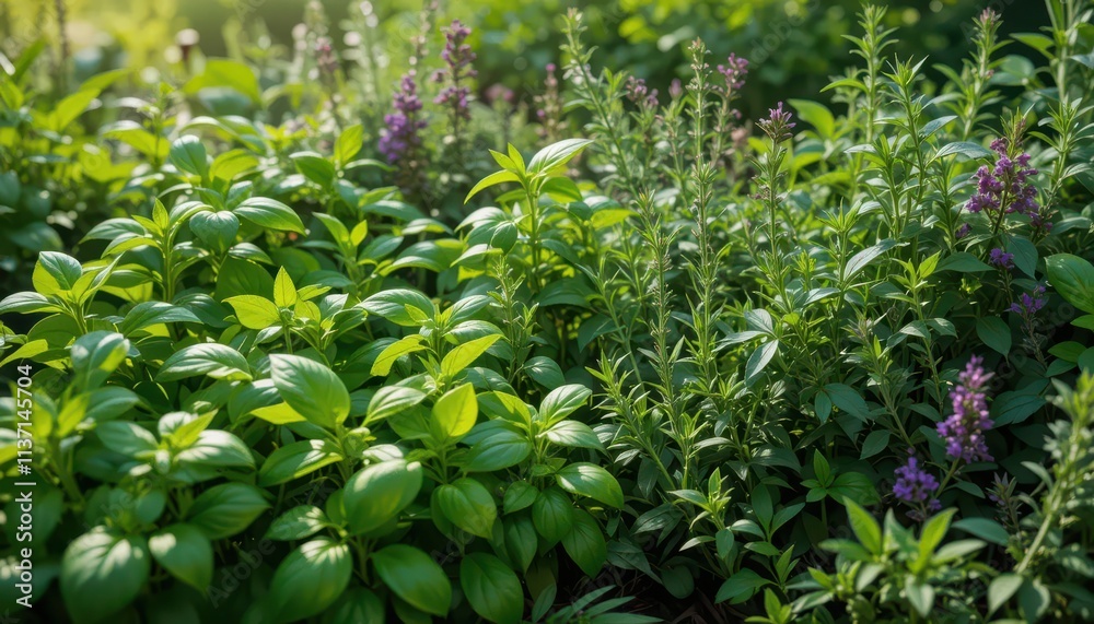 Lush Garden Bed of Aromatic Herbs with Delicate Pink Flowers Lush Garden Bed of Aromatic Herbs with Delicate Pink Flowers