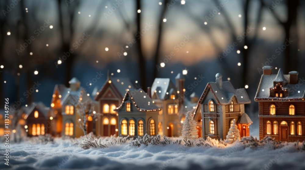 A small town with houses lit up with Christmas lights A small town with houses lit up with Christmas lights