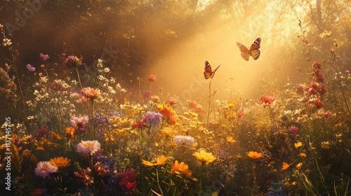 Golden Sunlight Illuminates Butterflies In A Wildflower Meadow