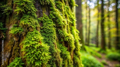 Closeup of moss growing on a tree trunk in a dense forest, with intricate details of the mosss texture and colors, forest, moss photo