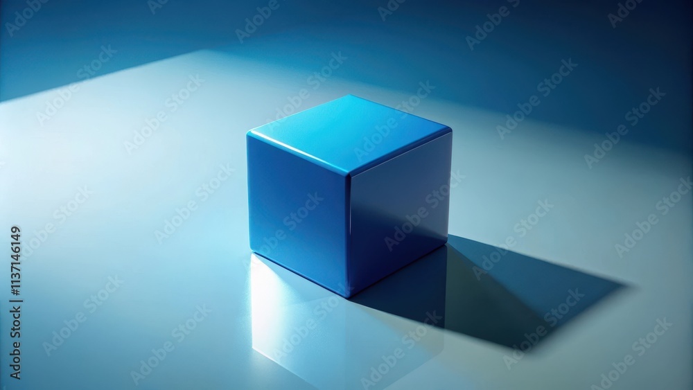 Obraz premium Blue Cube with Shadows, blue cube, abstract geometry, shadows, geometric shape