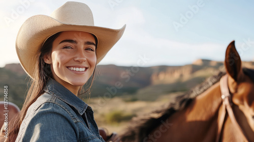 Canadian cowgirl woman with horse and cowboy hat at grand canyon arizona