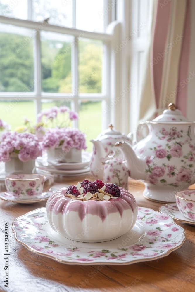 A beautifully set tea table featuring floral china, a teapot, and a dessert. A beautifully set tea table featuring floral china, a teapot, and a dessert.