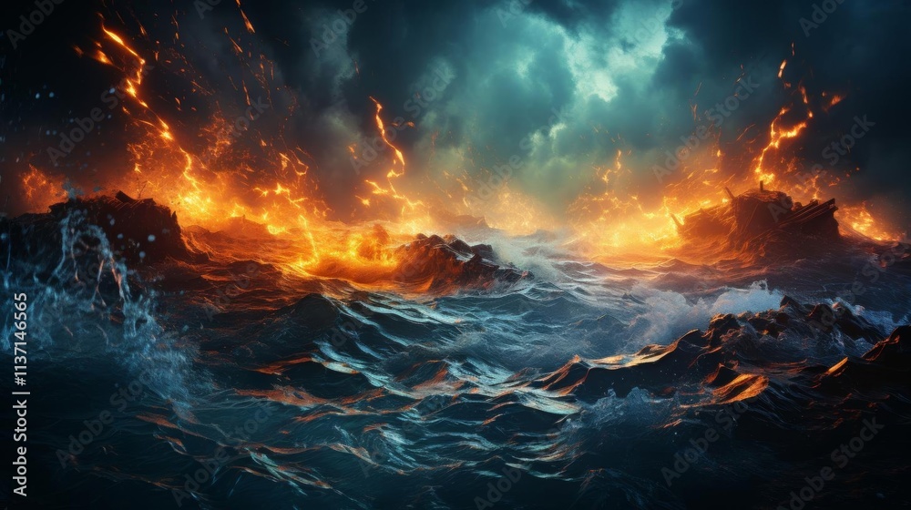A fiery ocean with waves crashing against the rocks A fiery ocean with waves crashing against the rocks