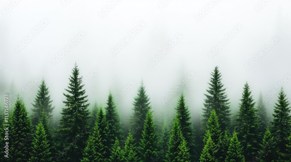 Mysterious fog concept. A serene forest landscape with mist enveloping lush green pine trees. Mysterious fog concept. A serene forest landscape with mist enveloping lush green pine trees.