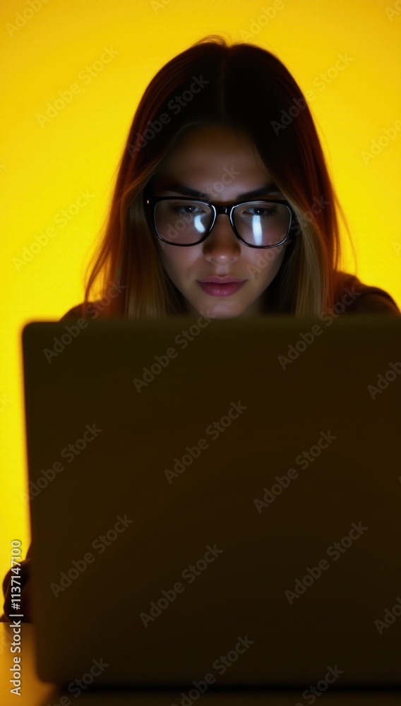 Focused Woman with Glasses Working on a Laptop. Intense Yellow Background. Perfect for technology driven tasks, cyber security in professional and digital settings