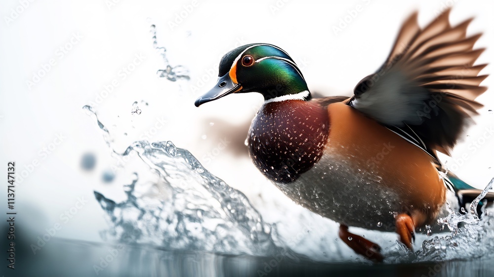 Obraz premium Wood Duck in Flight, Splashing Water