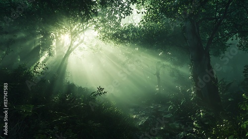 Sunbeams Illuminate Misty Green Forest Path