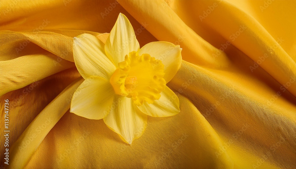 Obraz premium Yellow Daffodil Flower on a Draped Soft Yellow Silk Fabric