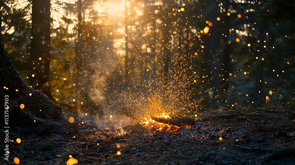 Fototapeta premium Forest Fire Embers Sparkle at Sunset