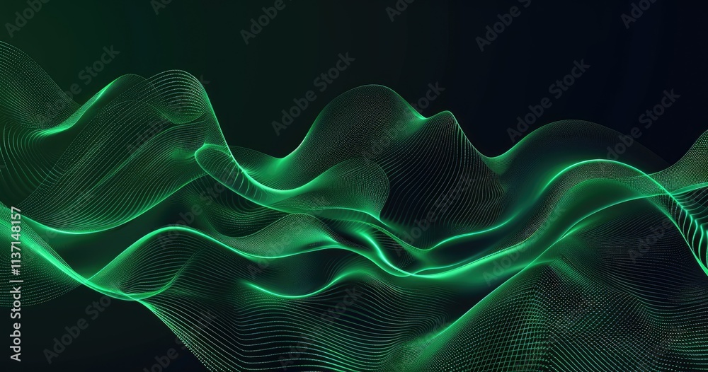 Obraz premium Abstract green wave patterns create a dynamic, fluid visual effect on a dark background.