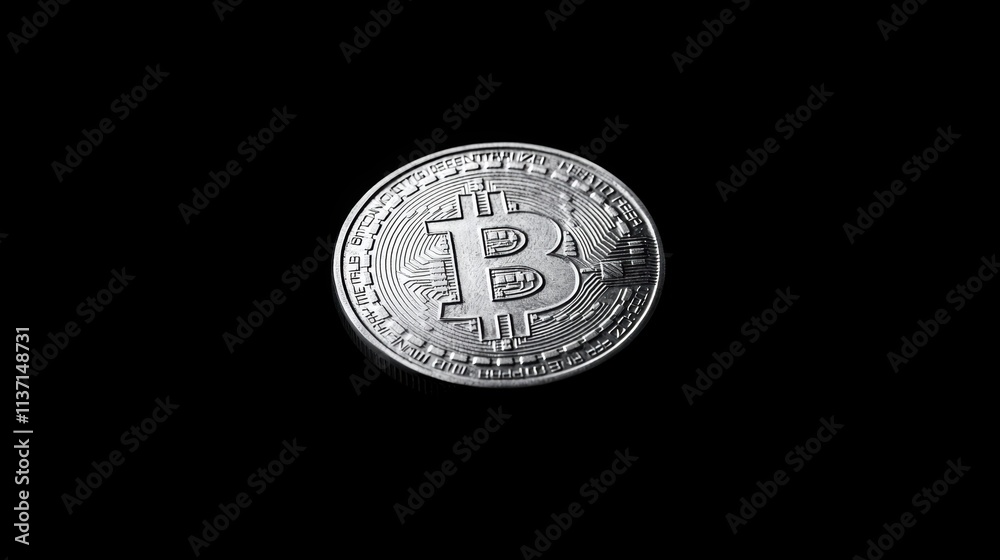 Shiny Silver Bitcoin Coin on Black Background with Reflection