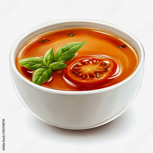 Delicious tomato consomme soup in a bowl garnished with fresh basil leaves on a rustic wooden table
