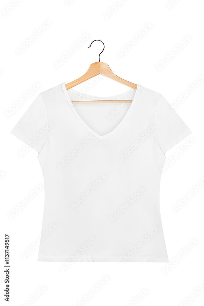 Png women's white t-shirt mockup on a wooden hanger Png women's white t-shirt mockup on a wooden hanger