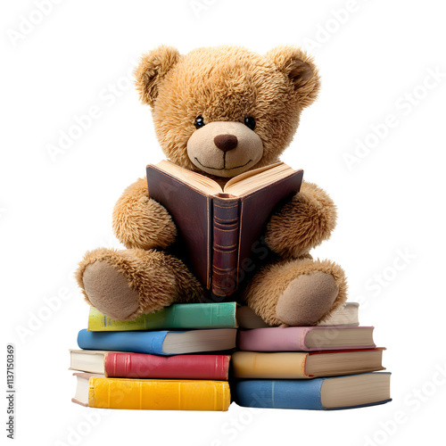 Cozy Teddy Bear Reading a Book on Colorful Stacks