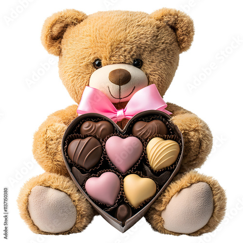 Cute Teddy Bear Holding Heart-Shaped Chocolate Box