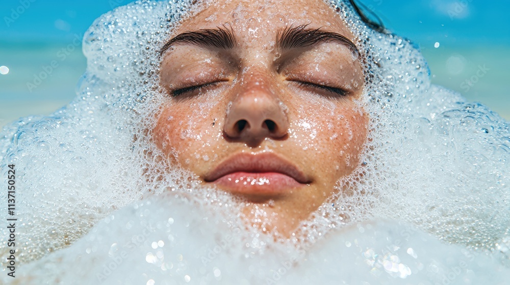 Serene Young Woman Relaxing in Soft Ocean Foam Under Bright Sky Serene Young Woman Relaxing in Soft Ocean Foam Under Bright Sky