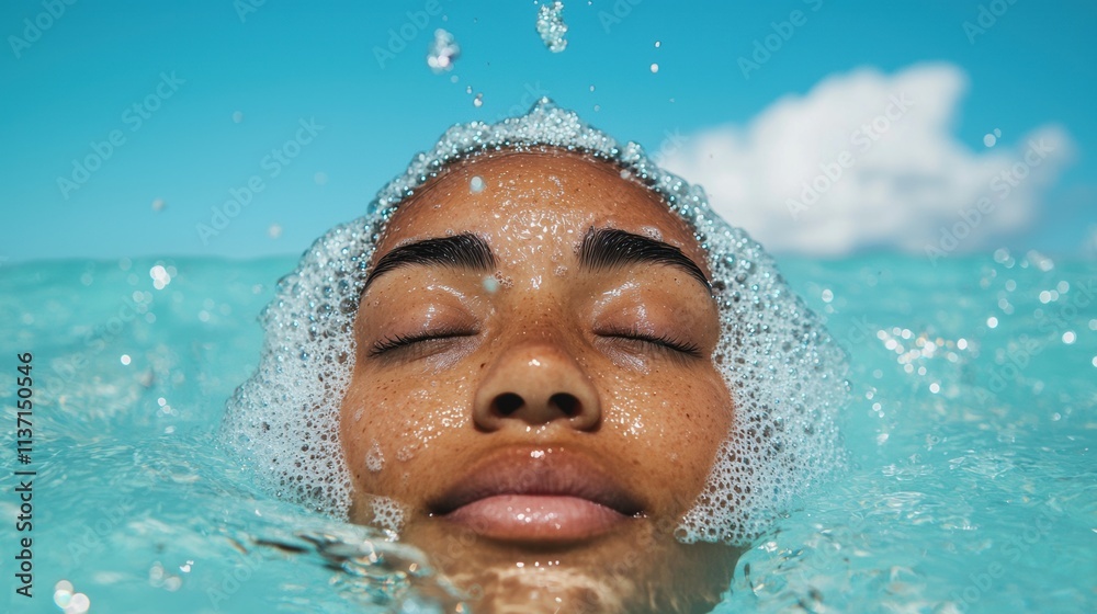 Woman Enjoying a Relaxing Moment Underwater with Bubbles and Sunlight Woman Enjoying a Relaxing Moment Underwater with Bubbles and Sunlight