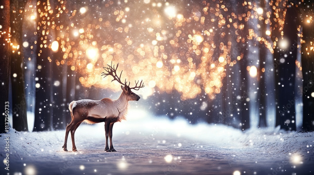 Majestic deer standing in snowy forest with soft glowing lights Majestic deer standing in snowy forest with soft glowing lights