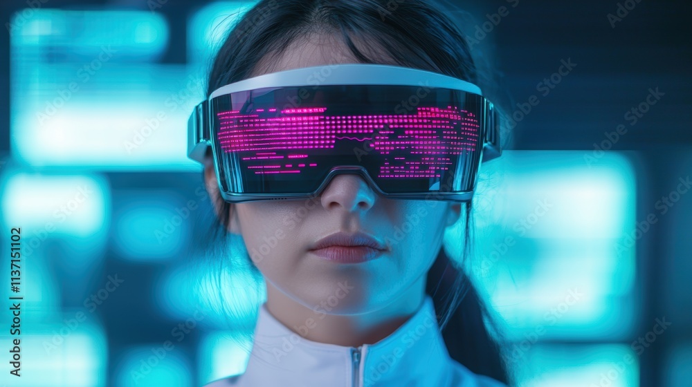 Futuristic Woman with High-Tech Virtual Reality Glasses in Neon Light Futuristic Woman with High-Tech Virtual Reality Glasses in Neon Light