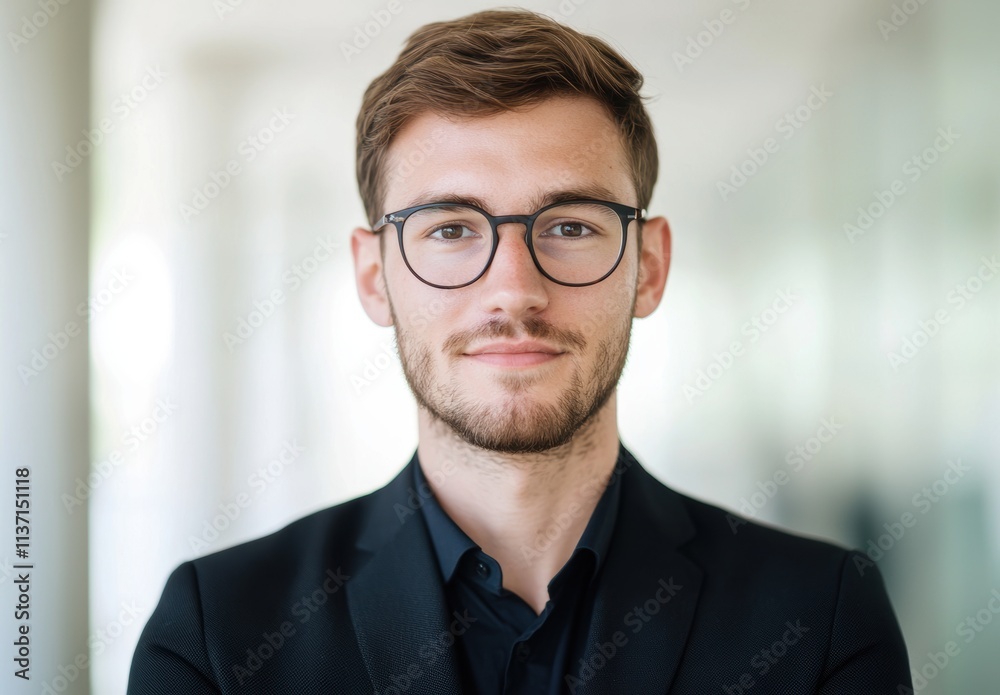Professional Young Man in Black Suit with Glasses and Confident Smile Professional Young Man in Black Suit with Glasses and Confident Smile