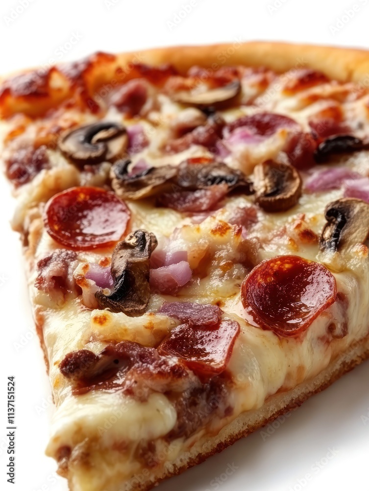 A slice of pizza topped with pepperoni, mushrooms, and onions on a white background. A slice of pizza topped with pepperoni, mushrooms, and onions on a white background.