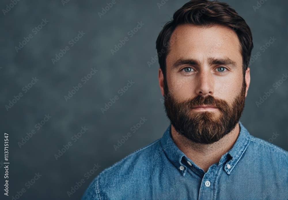 Serious Man with Beard in Button-Up Shirt against Gray Background Serious Man with Beard in Button-Up Shirt against Gray Background