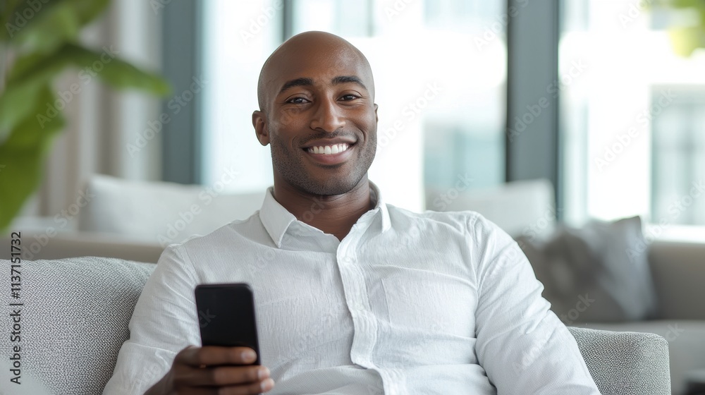 Smiling man using smartphone in modern living room with natural light Smiling man using smartphone in modern living room with natural light