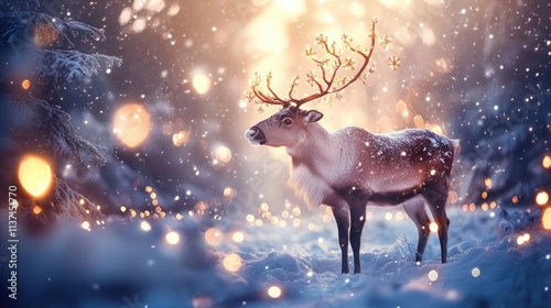Majestic Reindeer Standing in Snowy Forest with Soft Light Effects