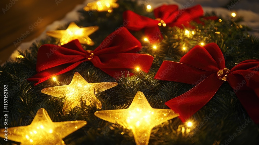 Festive Christmas Wreath with Red Bows and Star Lights Decor Festive Christmas Wreath with Red Bows and Star Lights Decor