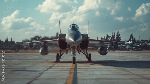 A fighter jet stands still on the tarmac under a bright, clear sky, ready for its next mission. The sharpness of the jet and the openness of the sky create a powerful contrast, perfect for aviation