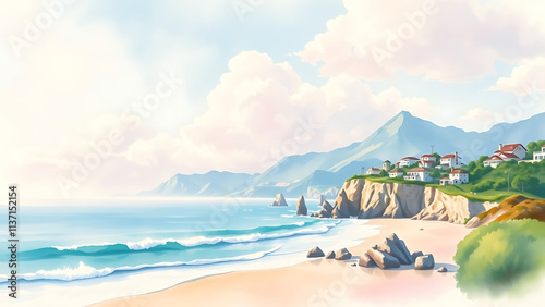 Illustration Watercolor painting of a view of Malibu, California