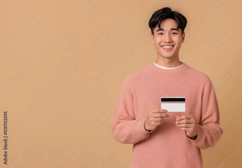 Smiling Young Man Holding Blank Credit Card Against Warm Background Smiling Young Man Holding Blank Credit Card Against Warm Background