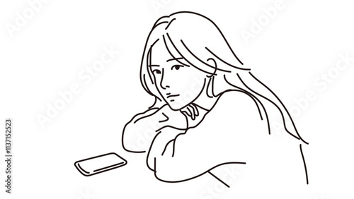 スマホの前で物思いにふける女性の線画