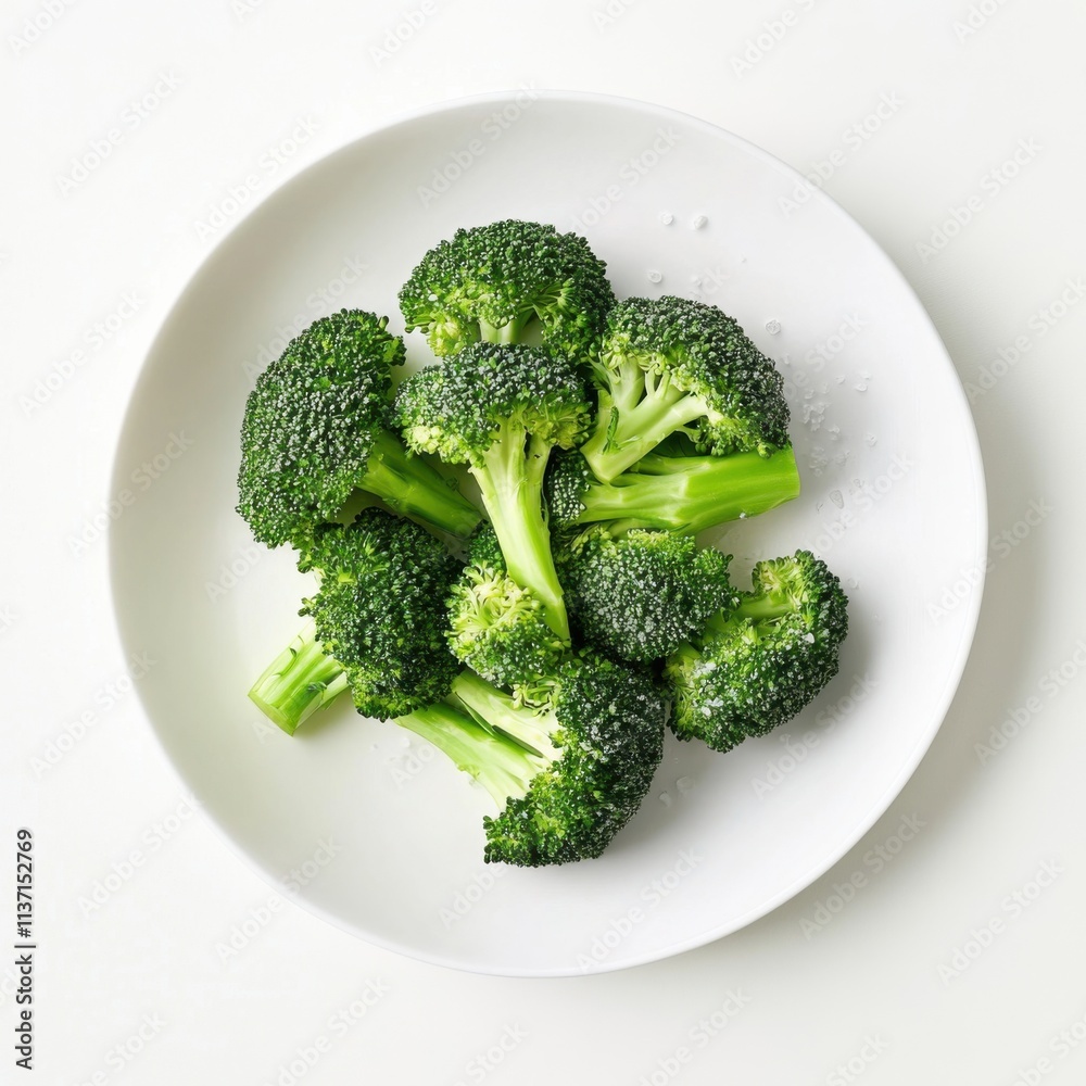 A clean and simple plate of freshly steamed broccoli, lightly seasoned with sea salt, neatly arranged on a plain white plate A clean and simple plate of freshly steamed broccoli, lightly seasoned with sea salt, neatly arranged on a plain white plate