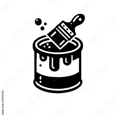 Paint Can and Brush Icon: Black and white line art illustration of a paint can with a paintbrush dipped in the paint. Perfect for DIY projects, art supplies, and home improvement. 