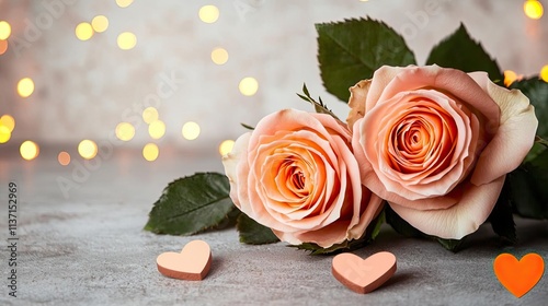 Valentine rose idea. Beautiful peach roses and heart shaped candies on a table with soft glowing background.