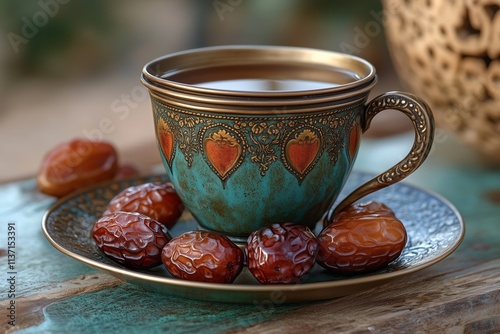 Turkish metal coffee cup with lid and saucer with dates in the dark on green emerald background. Concept of Islamic holiday Ramadan, Muslim Eid al-Adha