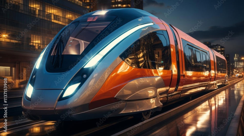 A train is traveling down a track at night A train is traveling down a track at night