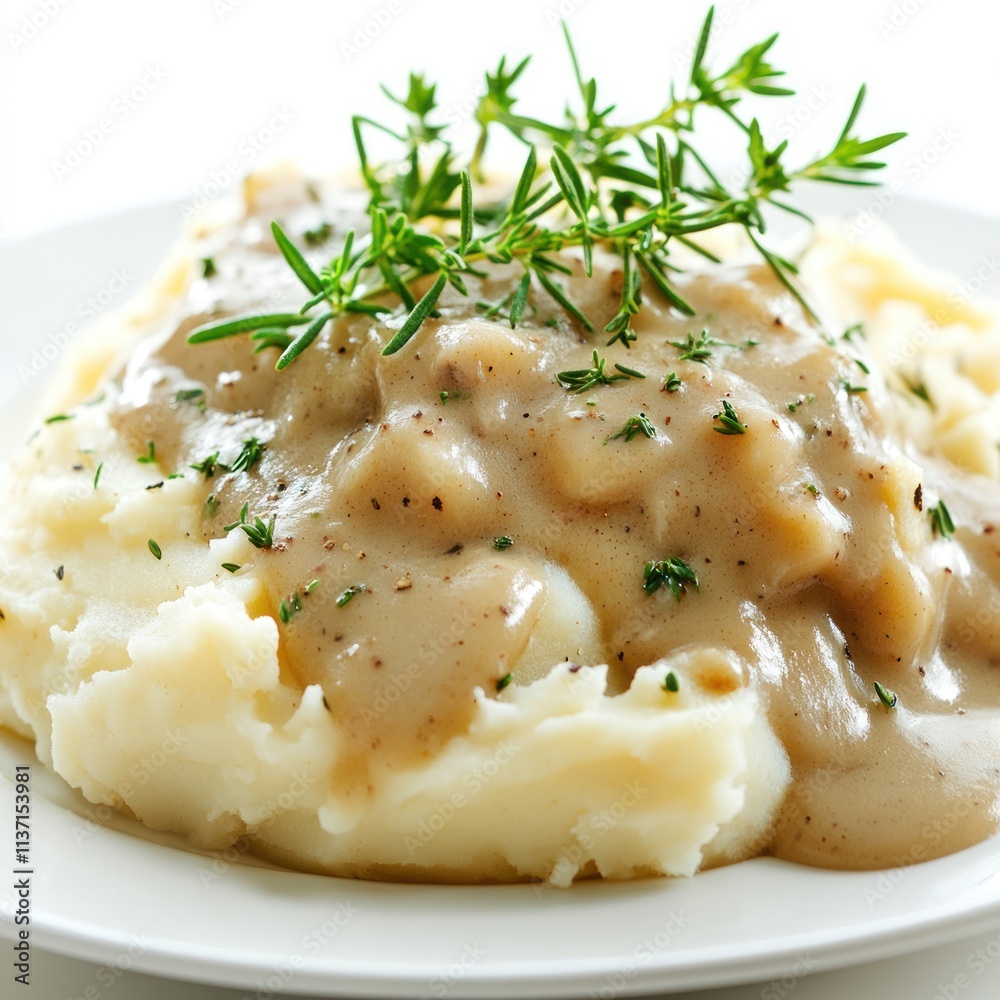 A plate of creamy mashed potatoes topped with savory gravy and garnished with fresh herbs. A plate of creamy mashed potatoes topped with savory gravy and garnished with fresh herbs.