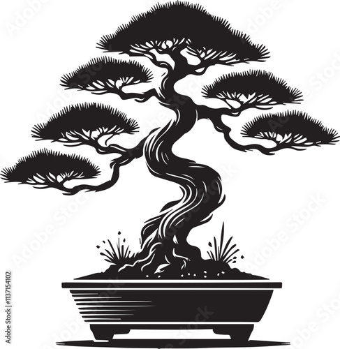 Bonsai vector icon, Bonsai vector illustration, Bonsai silhouette vector black and white