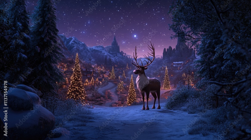 Majestic Reindeer in Snowy Landscape Under Starry Night Sky Majestic Reindeer in Snowy Landscape Under Starry Night Sky